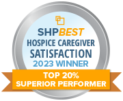 SHP Badge - Best Hospice Caregiver Satisfaction - 2023 Winner - Top 20% superior performance